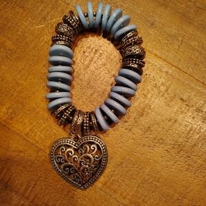 Blue and Silver Beaded Bracelet with Heart Pendant